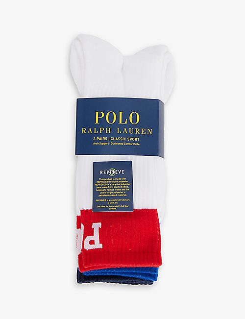 POLO RALPH LAUREN: Logo-intarsia pack of three stretch-woven socks