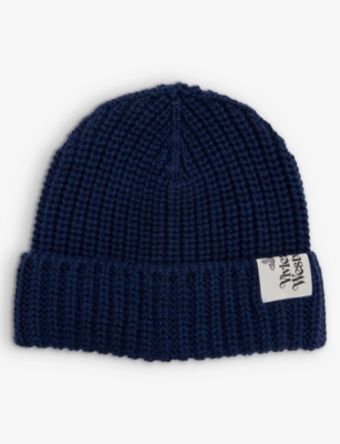 Vivienne Westwood Womens Dark Blue Melange Brand-patch Purl-knit Wool Beanie Hat