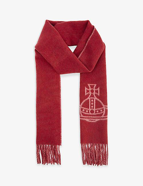 VIVIENNE WESTWOOD: Orb-embroidered fringed-trim wool scarf