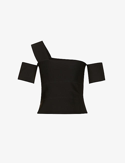 Alexander McQueen Synthetic Off-the-shoulder Fitted Stretch-woven Top in Black Womens Clothing Tops Short-sleeve tops 