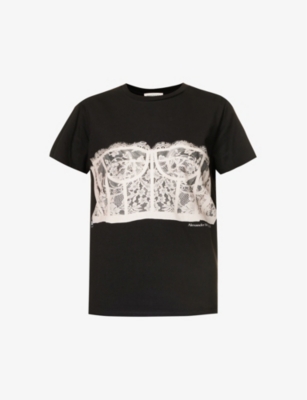 Shop Alexander Mcqueen Women's Black Shell Lace-print Cotton-jersey T-shirt In Black   Shell