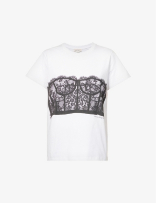 Shop Alexander Mcqueen Corset-print Cotton-jersey T-shirt In White   Black
