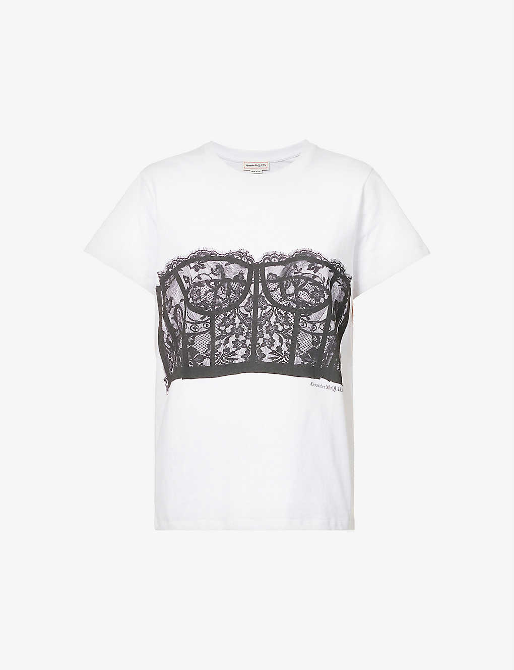 Shop Alexander Mcqueen Womens White Black Corset-print Cotton-jersey T-shirt In White   Black