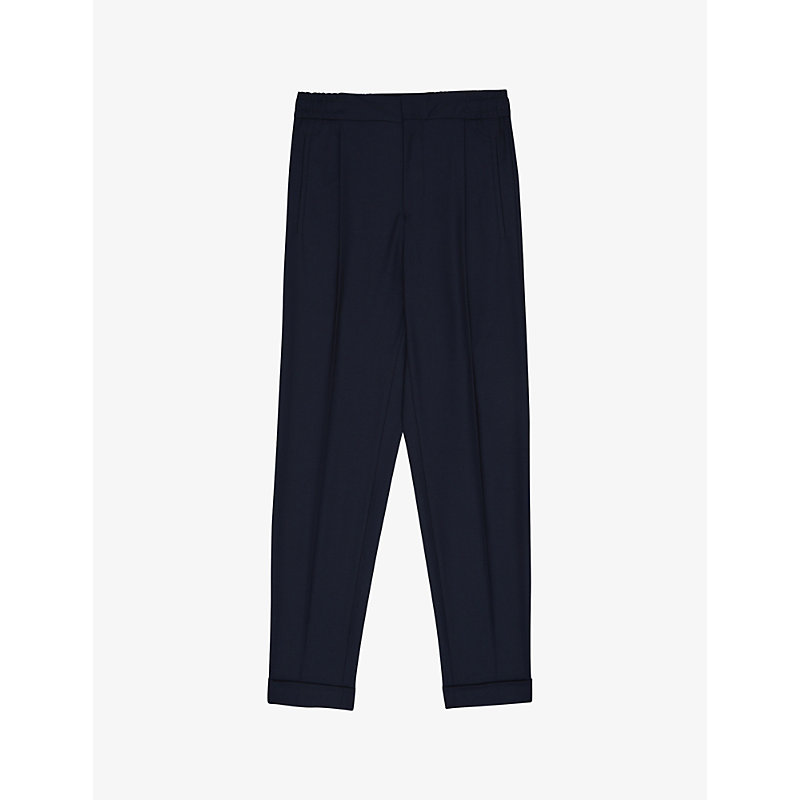 Reiss Mens Navy Brighton Pleated Slim-fit Tapered Stretch-woven Trousers