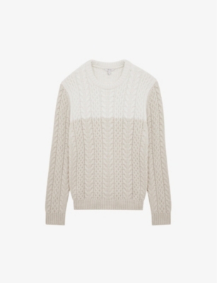 REISS REISS MEN'S ECRU/OATMEAL BANKSIDE COLOURBLOCK CABLE-KNIT JUMPER,58804385