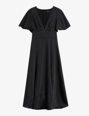 Ted Baker Immie V-neck Cape-sleeved Satin Midi Dress In Black