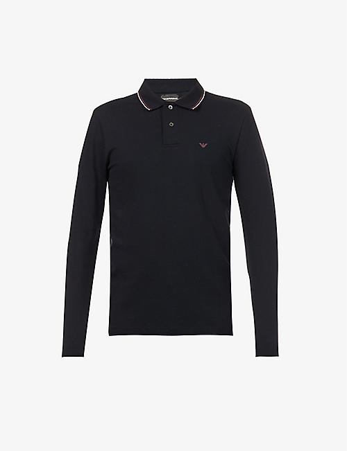 EMPORIO ARMANI: Logo-patch long-sleeved stretch-cotton piqué polo shirt