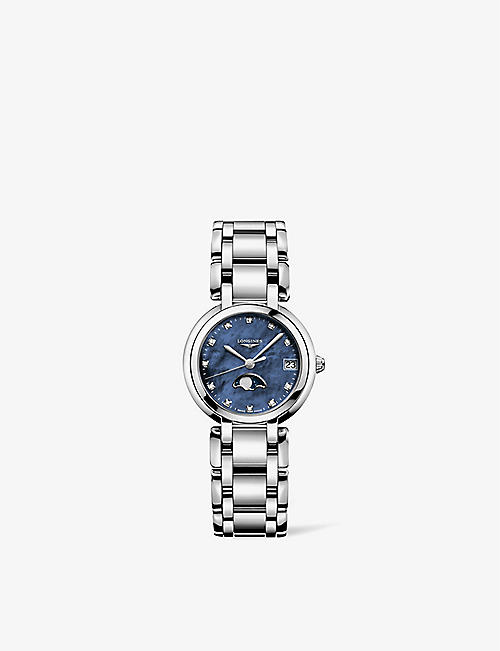 LONGINES: L81154986 Longines PrimaLuna stainless-steel and 0.044ct brilliant-cut diamond quartz watch