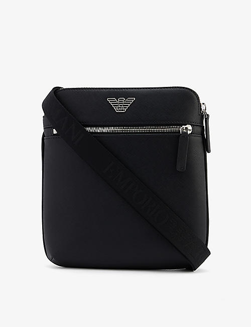 EMPORIO ARMANI: Brand-plaque adjustable-strap faux-leather cross-body bag