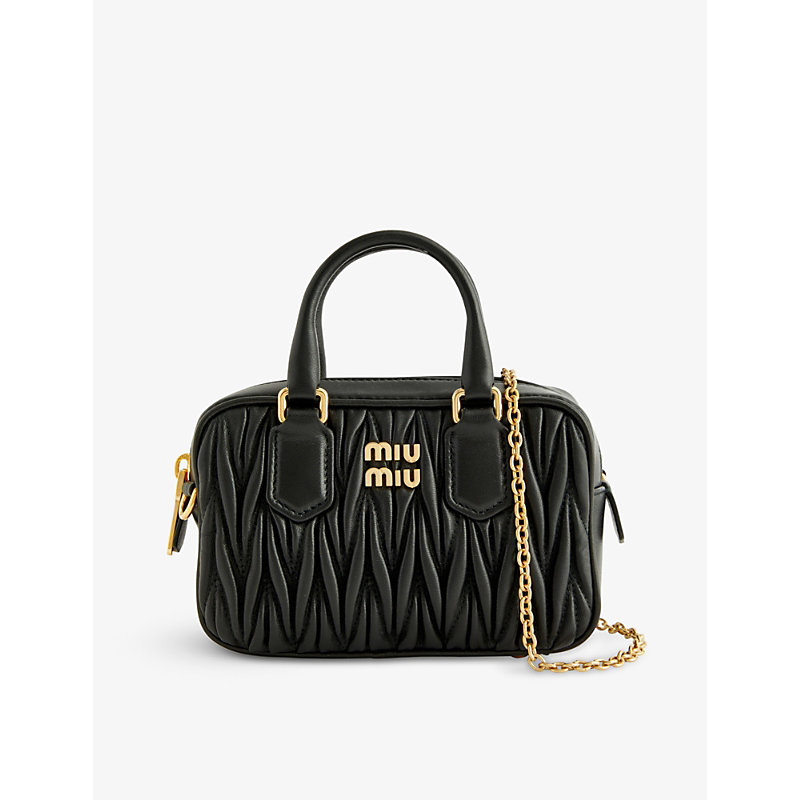 Miu Miu Women's Black/gold Women's Black And Gold Leather Branded Matelassé Cross Body Bag, Size: