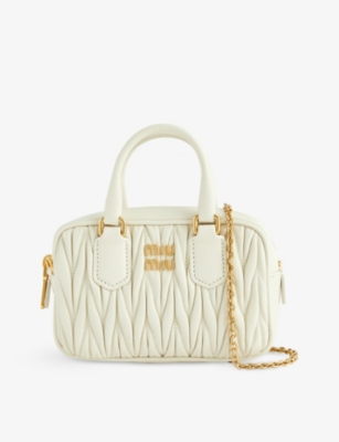 Miu Miu Women's White/gold Women's White And Gold Leather Branded Matelassé Cross Body Bag, Size: