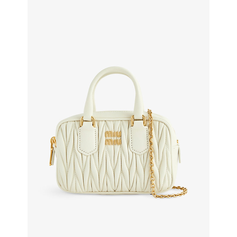 Miu Miu Women's White/gold Women's White And Gold Leather Branded Matelassé Cross Body Bag, Size: