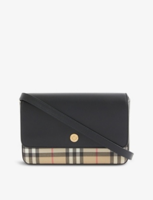 Burberry Small Vintage Check and Leather Crossbody Bag Black in