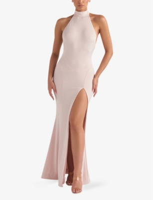 House Of Cb Juliette Halter-neck Split-hem Stretch-woven Maxi Dress In Pink