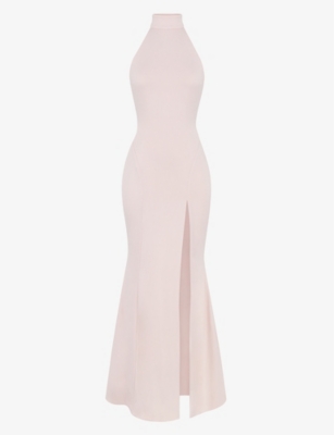 House Of Cb Juliette Halter-neck Split-hem Stretch-woven Maxi Dress In Pink