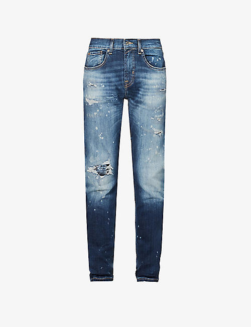 7 FOR ALL MANKIND: Slimmy distressed slim-fit tapered stretch-denim jeans