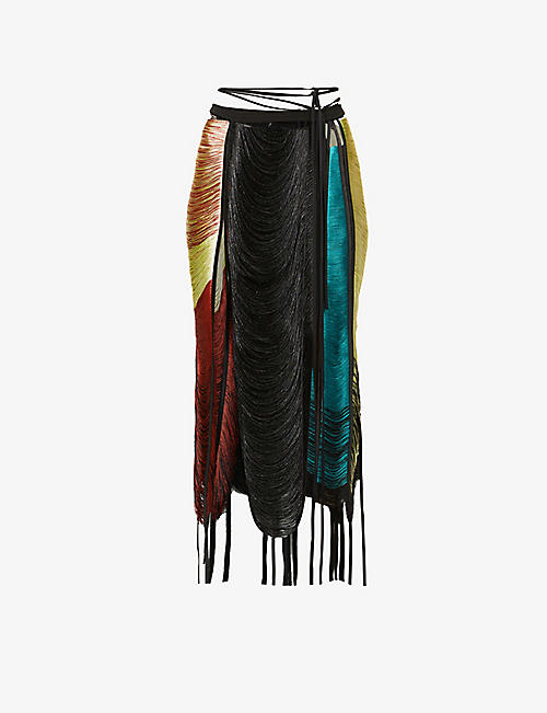 AMBER W. SMITH: Strap-embellished panel woven maxi skirt