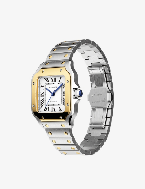 CRW2SA0016 Santos de Cartier medium model stainless-steel, 18ct yellow-gold and interchangeable leather strap automatic watch