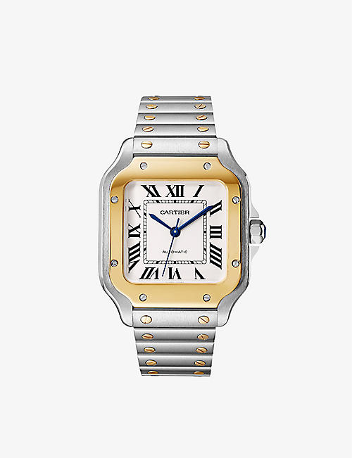 CARTIER: CRW2SA0016 Santos de Cartier medium model stainless-steel, 18ct yellow-gold and interchangeable leather strap automatic watch