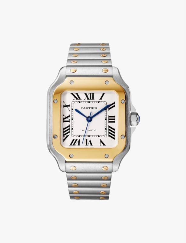 CRW2SA0016 Santos de Cartier medium model stainless-steel, 18ct yellow-gold and interchangeable leather strap automatic watch