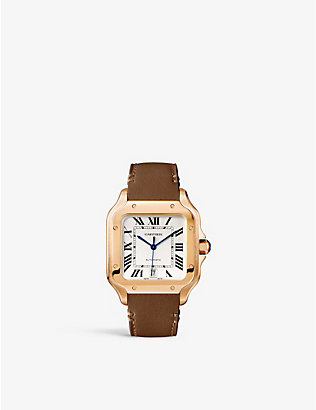 CARTIER: CRWGSA0044 Santos de Cartier large 18ct rose-gold, sapphire and interchangeable leather strap automatic watch