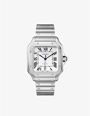 CARTIER: CRWSSA0045 Santos de Cartier large stainless steel, sapphire and interchangeable leather strap automatic watch