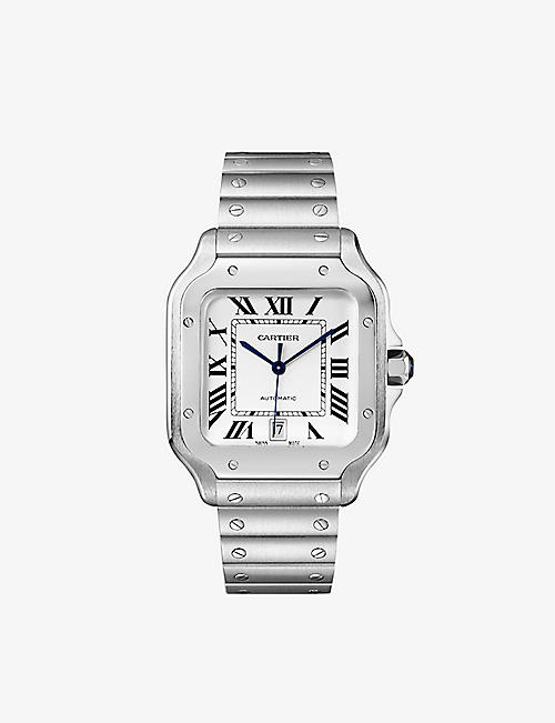 CARTIER: CRWSSA0045 Santos de Cartier large stainless steel, sapphire and interchangeable leather strap automatic watch