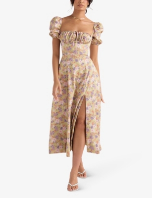 Shop House Of Cb Women's Peony Print Tallulah Puffed-sleeve Woven Midi Dress