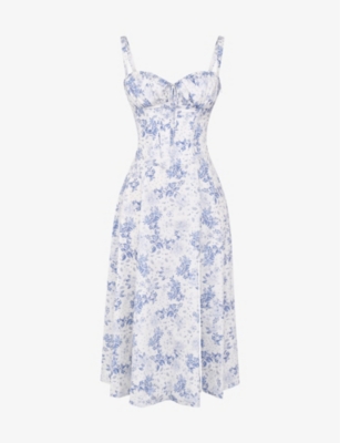 House Of Cb Womens Blue White Floral Carmen Sleeveless Cotton-blend Midi Dress