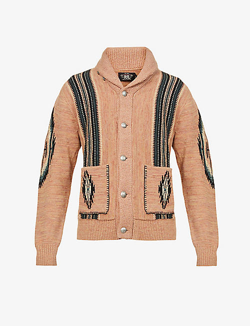 RRL: Abstract-print ribbed-trim cotton-blend knitted cardigan