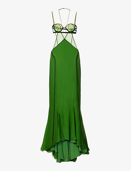 NENSI DOJAKA: Cut-out sheer-panel silk maxi dress