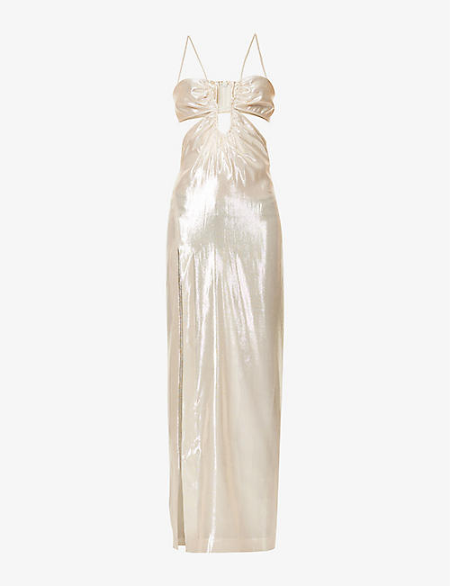NENSI DOJAKA: V-neck pleated silk-blend maxi dress