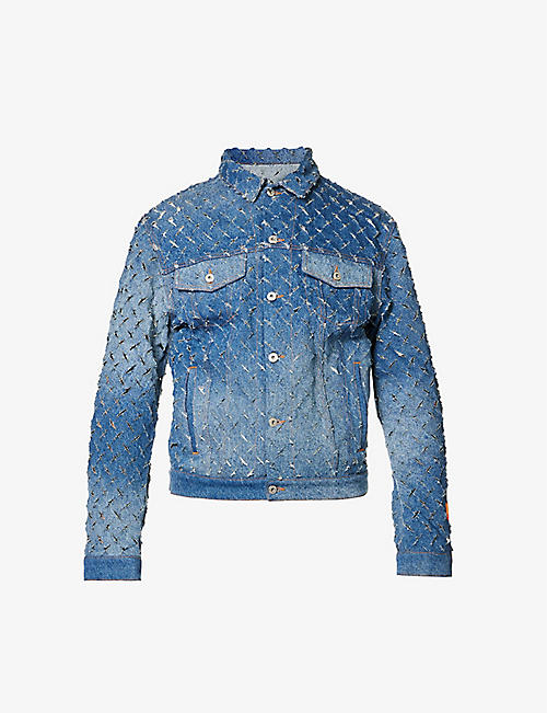 HERON PRESTON: Distressed logo-embroidered denim jacket