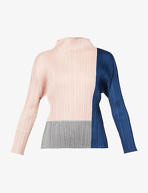 PLEATS PLEASE ISSEY MIYAKE: Colour-block high-neck pleated knitted jersey top
