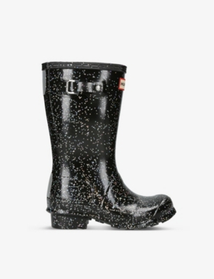 Hunter Girls Black Kids Original Classic Glitter Rubber Wellington Boots 7-12 Years