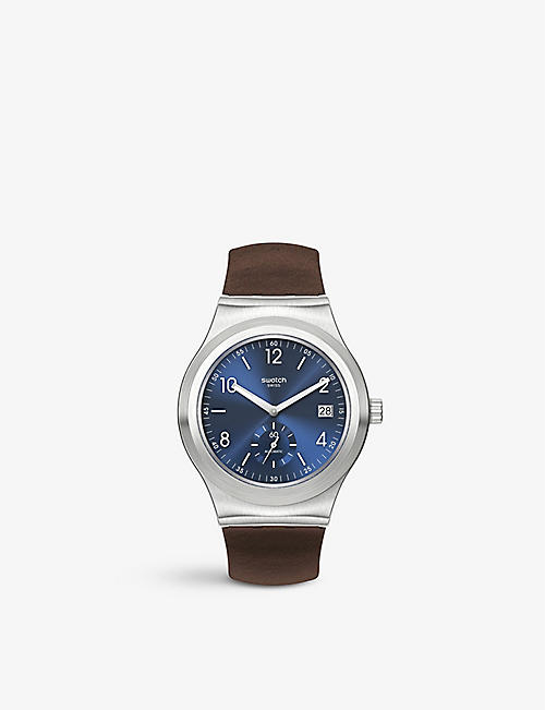 SWATCH: SY23S410 Magnificent Irony stainless-steel and leather automatic watch