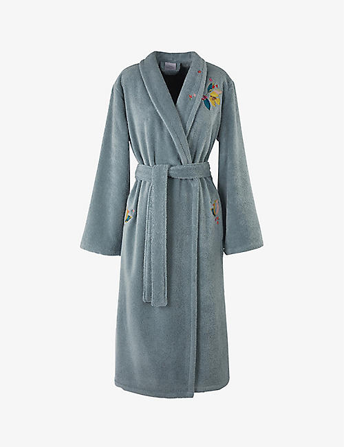 YVES DELORME: Eaux floral-embroidered organic cotton-blend terry-towelling bath robe