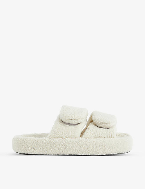 SKIN: Double-strap teddy recycled-polyester slippers