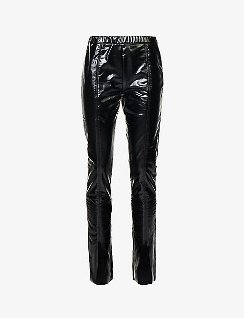 RICK OWENS DRKSHDW: Split-hem slim-leg mid-rise faux-leather trousers