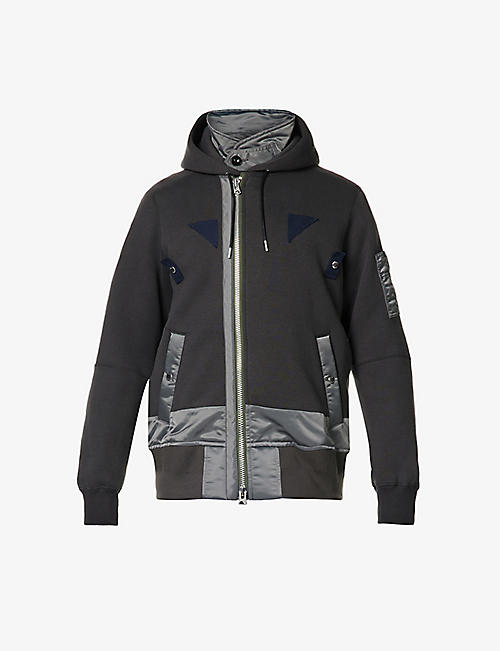 SACAI: Nylon-trim patch-embellished relaxed-fit cotton-blend hooded jacket