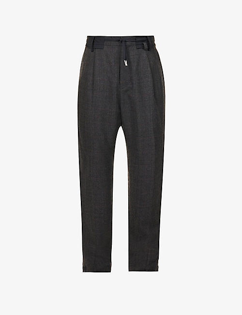 SACAI: Drawstring-waist plaid-pattern regular-fit tapered wool trousers