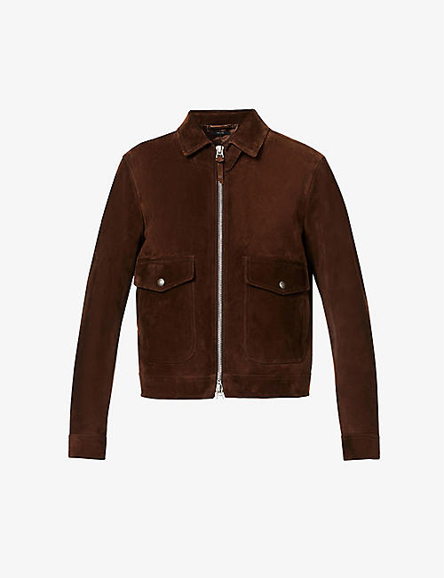 TOM FORD: Spread-collar throat-strap boxy-fit suede jacket