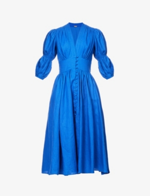 cult gaia willow dress blue CULT GAIA - Willow plunge-neck linen midi dress
