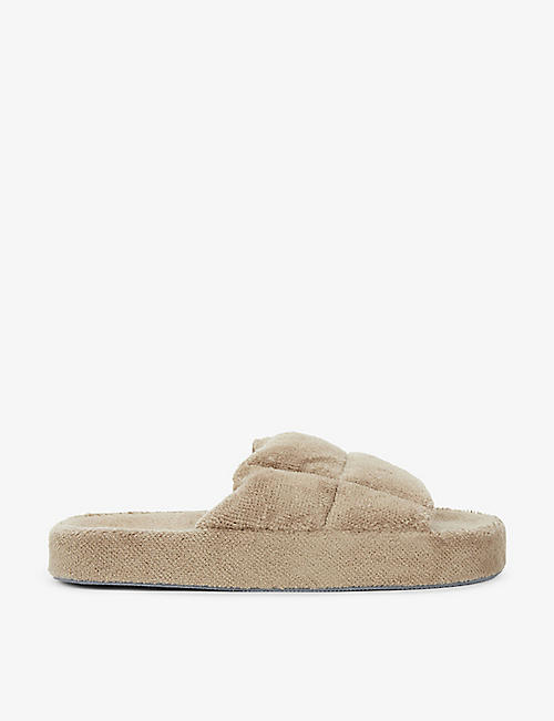 SKIN: Quilted open-toe terry-cotton slippers