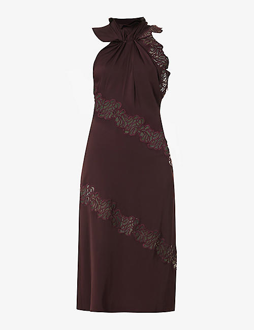 STELLA MCCARTNEY: Halterneck lace-embellished stretch-silk midi dress