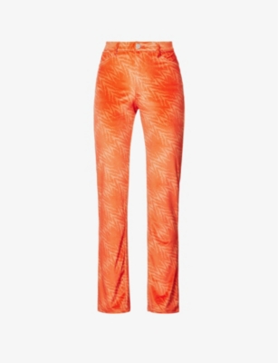 Maisie Wilen Mockumentary Straight-leg Mid-rise Velour Trousers In Reef Tomato