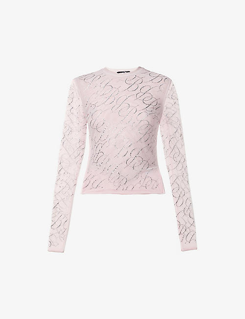 BLUMARINE: Rhinestone-embellished logo-print tulle blouse