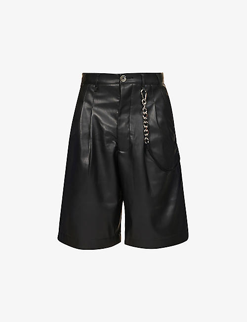 SONG FOR THE MUTE: Pleated detachable-chain faux-leather shorts