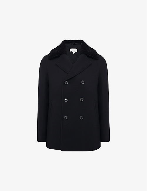 REISS: Wind shearling-collar wool-blend pea coat