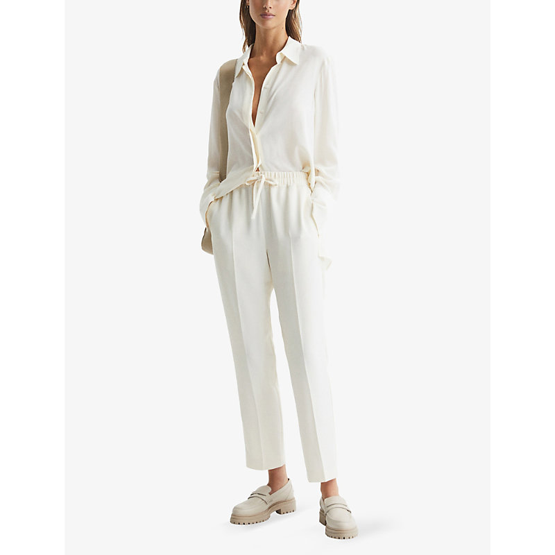Shop Reiss Women's Cream Hailey Drawstring-waist Tapered-leg Recycled Polyester-blend Trousers